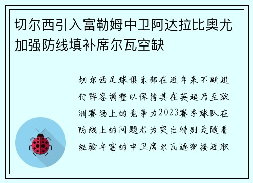 切尔西引入富勒姆中卫阿达拉比奥尤加强防线填补席尔瓦空缺